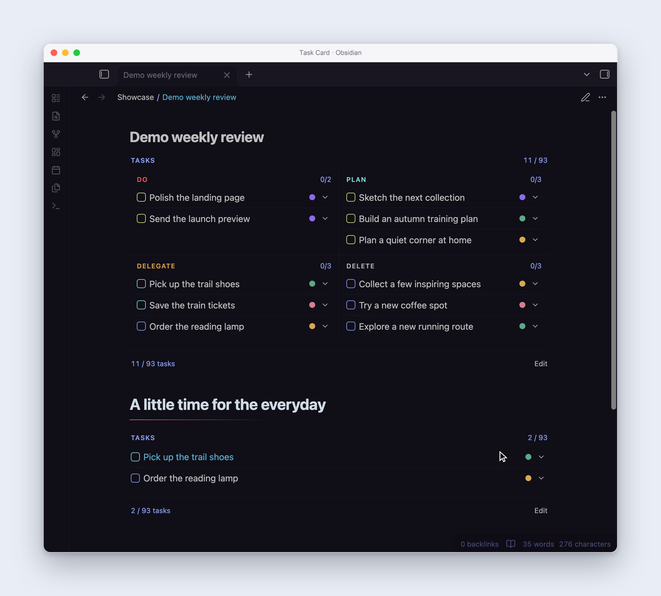 Complete a task in the Eisenhower matrix and review an errands list in a native Retina Obsidian window