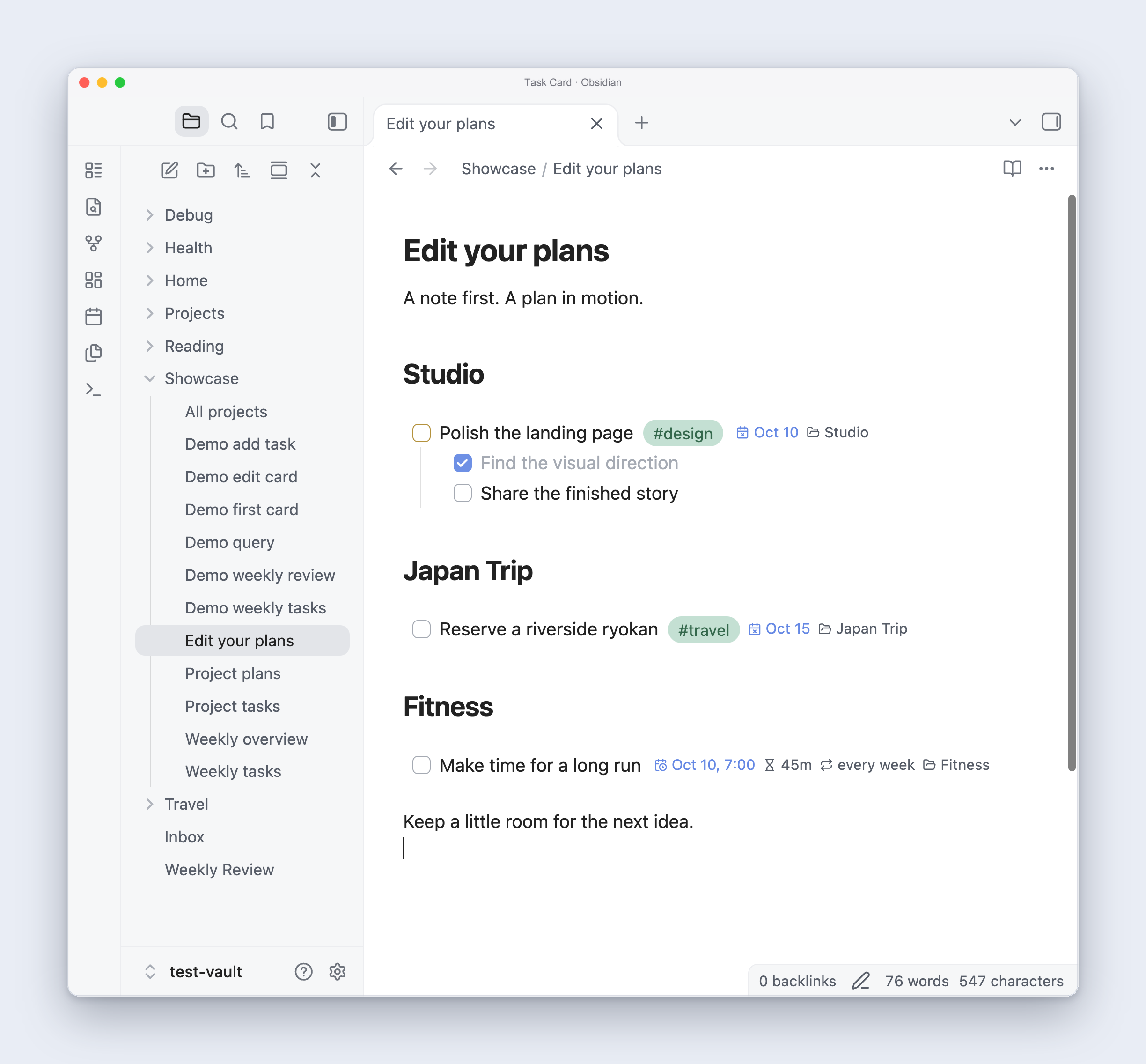 The actual Obsidian Live Preview editor with Studio, Japan Trip, and Fitness tasks, inline metadata chips, Markdown headings, and subtasks