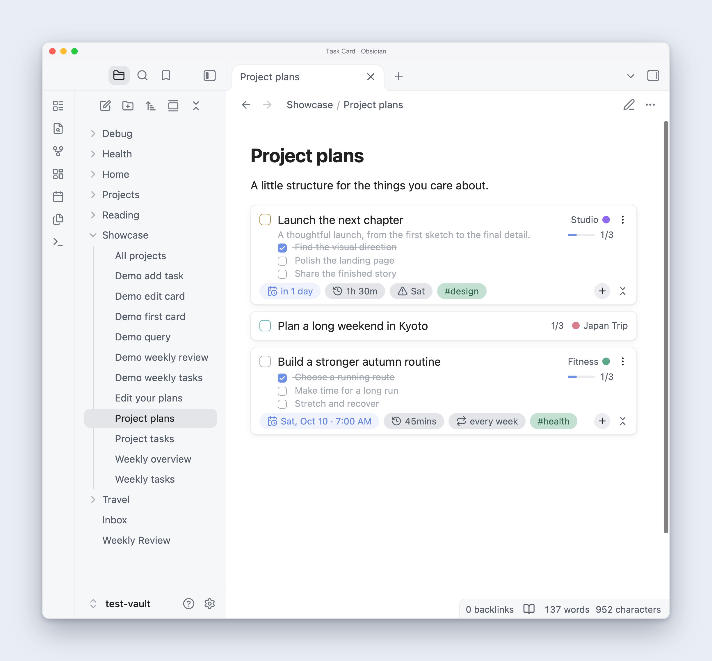 Expanded Studio and Fitness task cards alongside a compact Japan Trip task in a complete Obsidian window using Things, with project colors, subtasks, progress, and dates