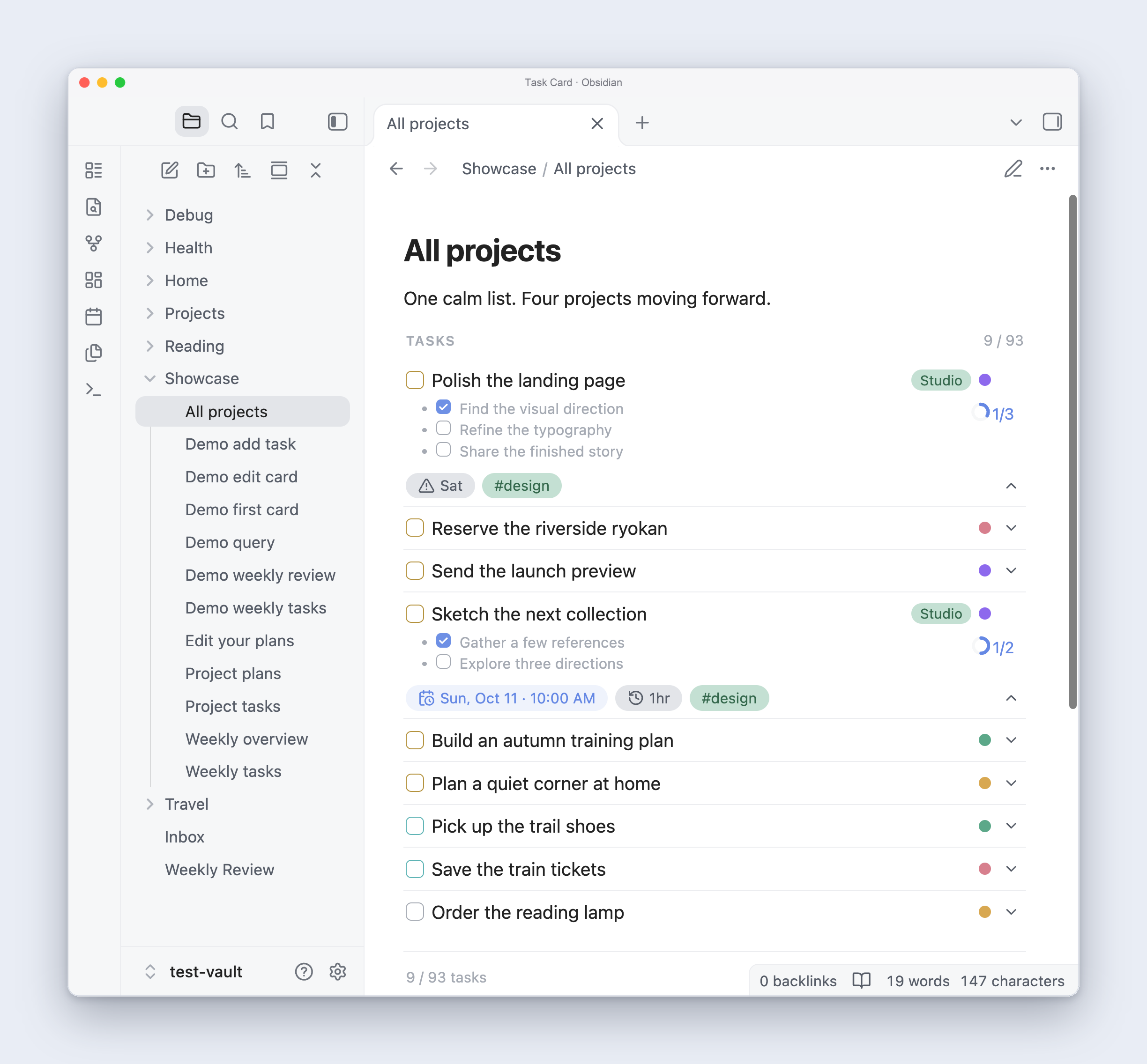An aligned query list combining Studio, Japan Trip, Fitness, and Home tasks, with two tasks expanded to show subtasks and metadata alongside compact rows