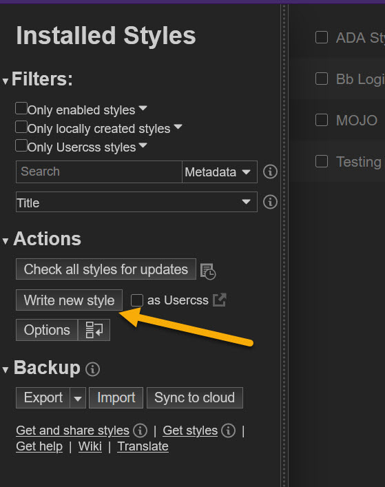 Screen capture zoomed in on the left menu within the Stylus page. A yellow arrow points to the Write New Style button.