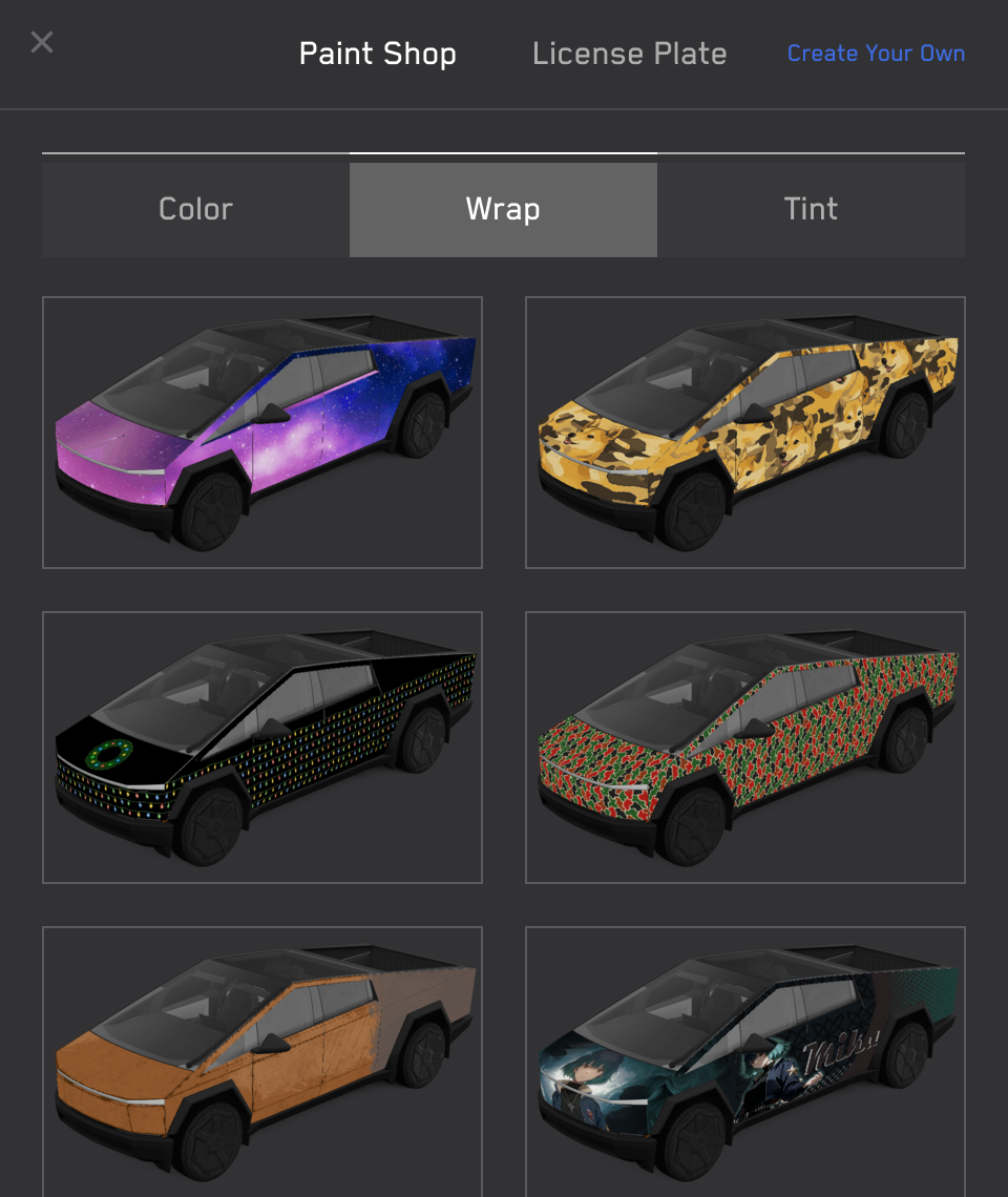 Tesla Cybertruck Paint Shop screen showing custom wraps