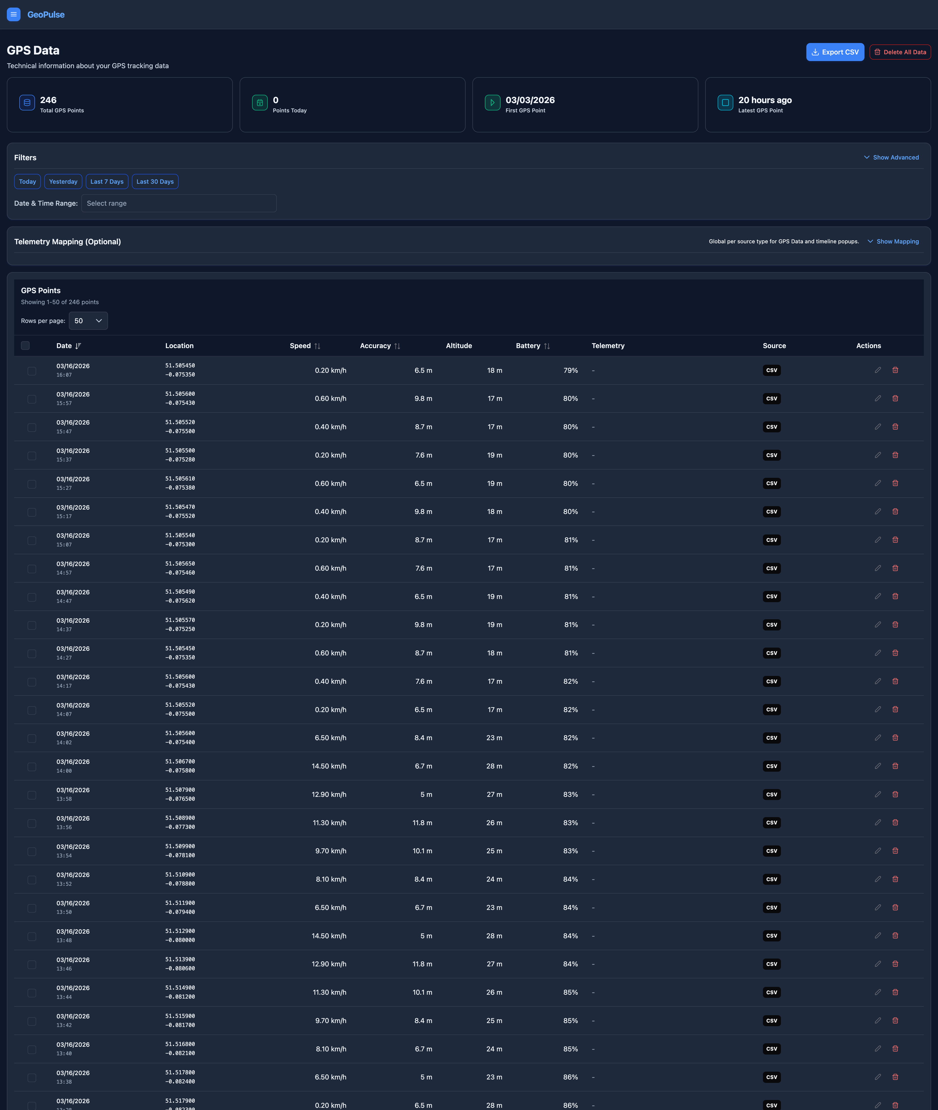 Raw GPS data management interface