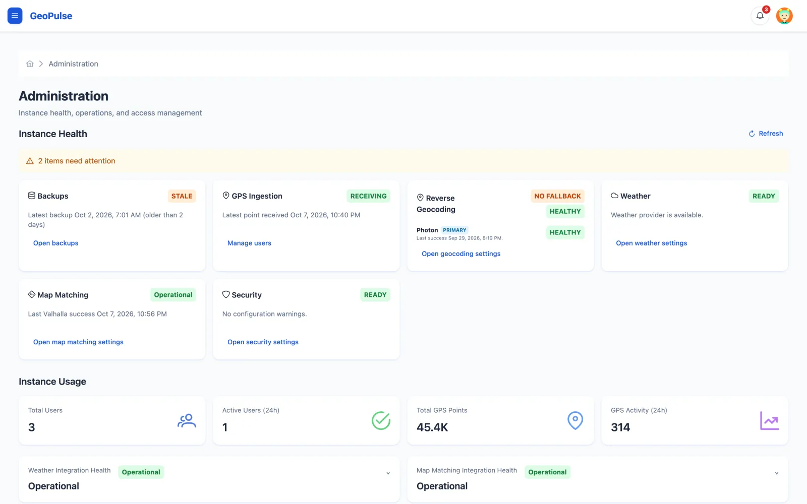 Administration overview with instance health