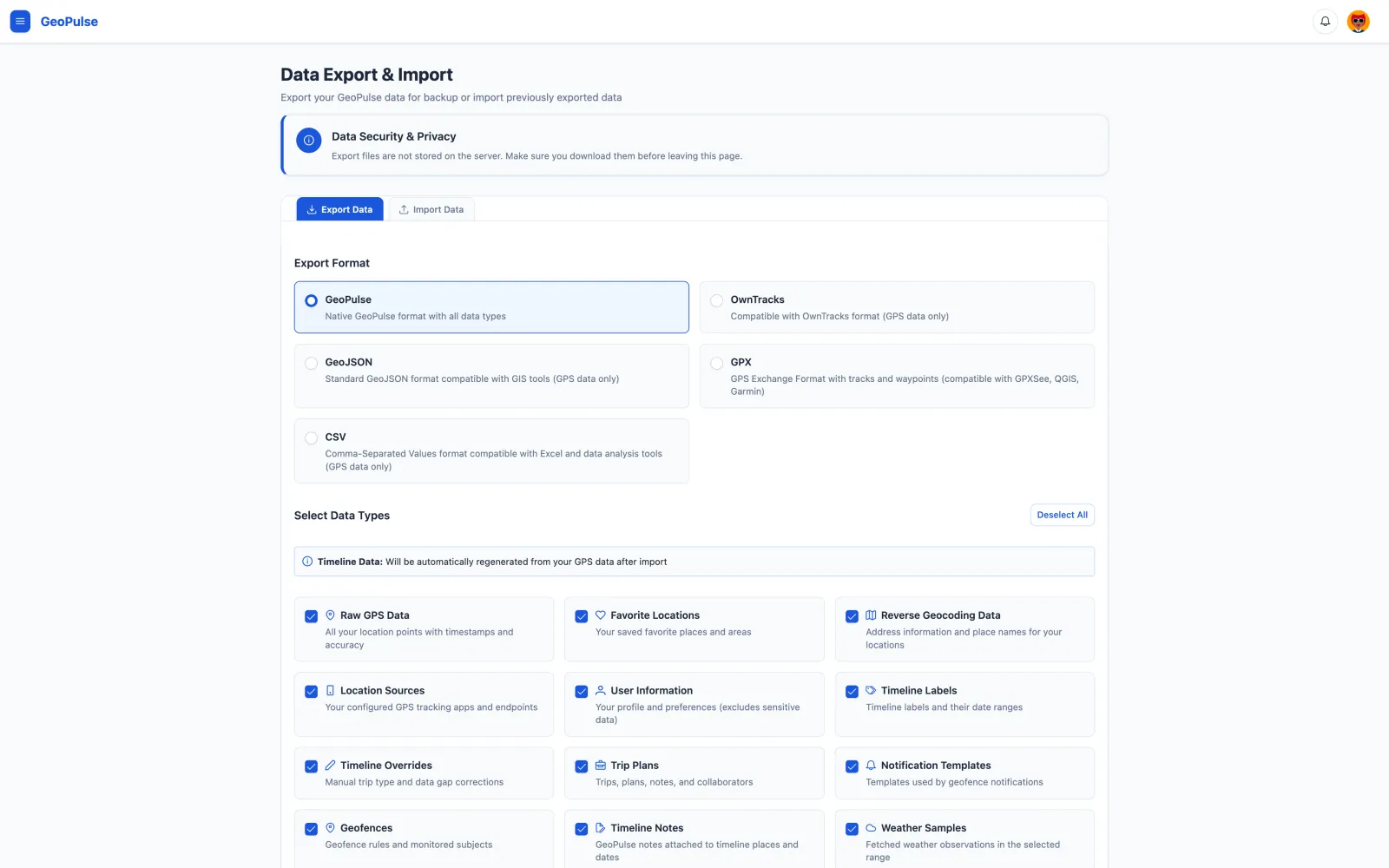 Data export with formats and data types