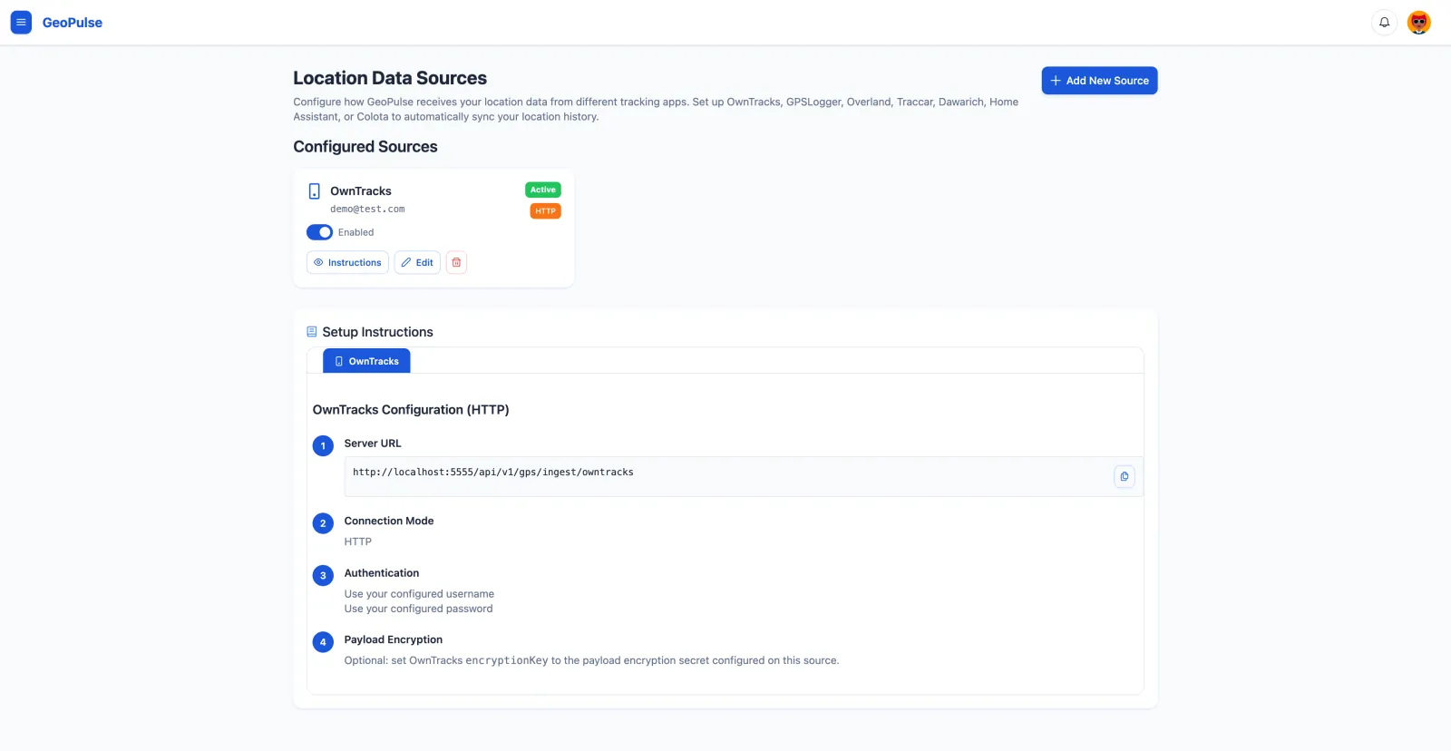 Location Sources page with setup instructions