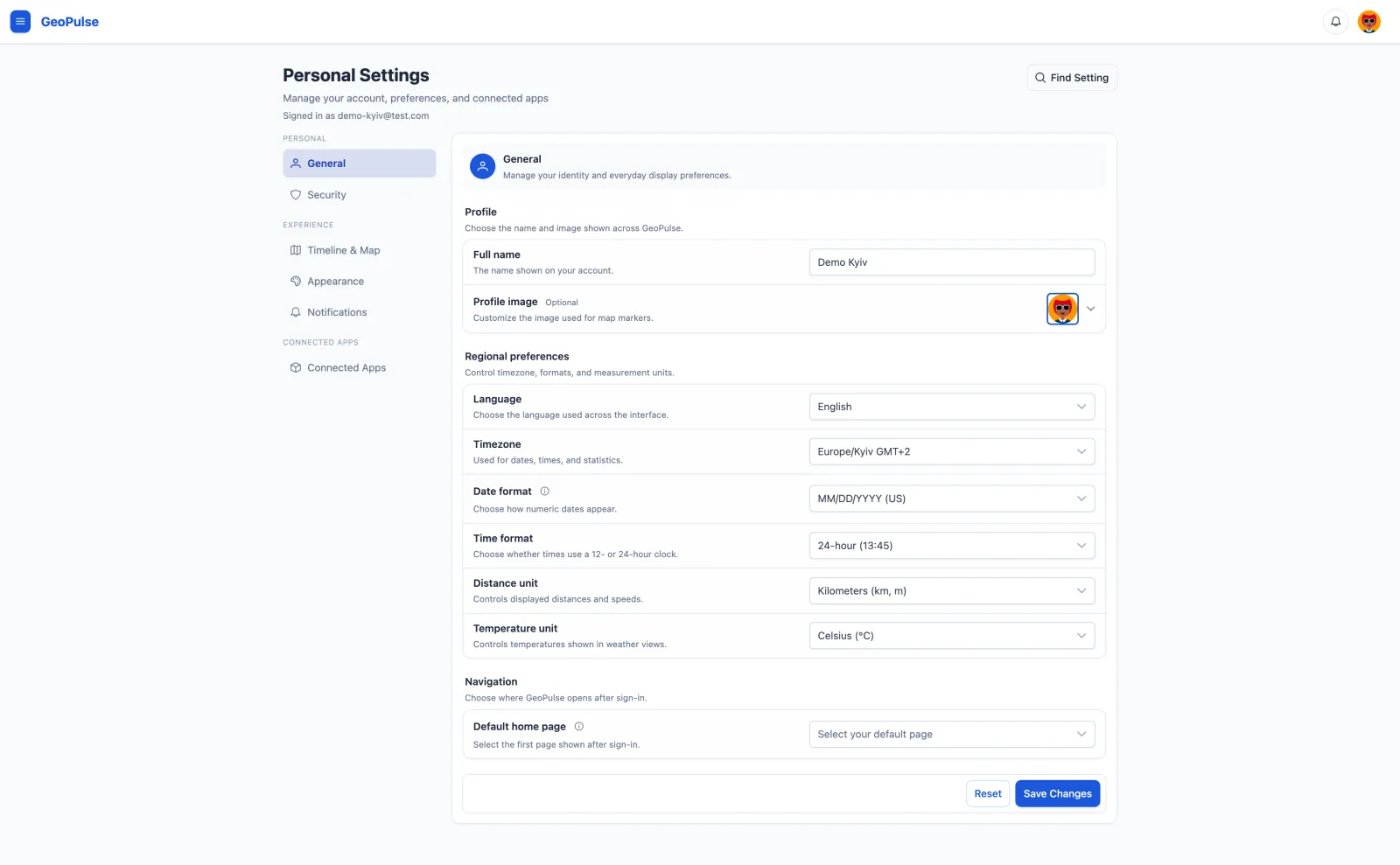 Personal Settings page