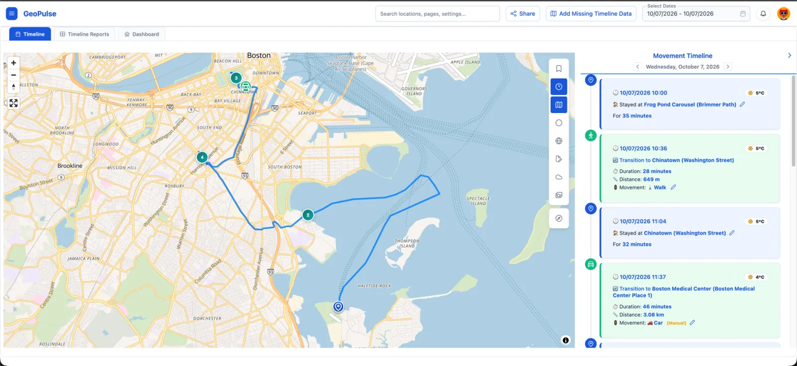 GeoPulse Timeline with route map and stay and trip cards