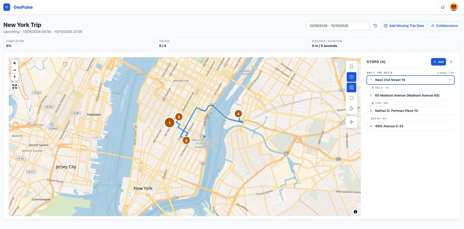 Trip Workspace with planned stops on the map
