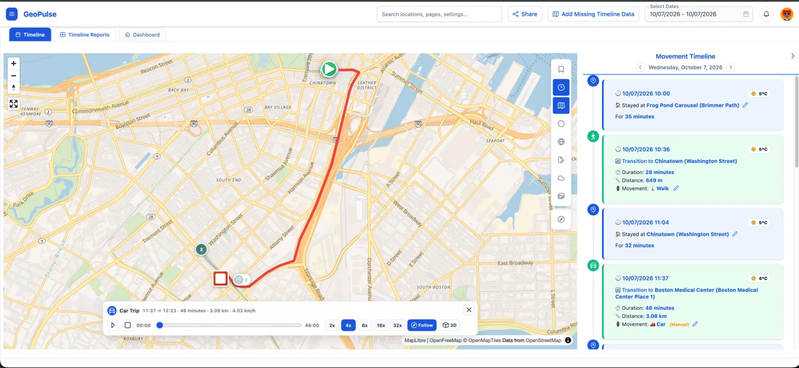 Timeline with a selected car trip being replayed on the map