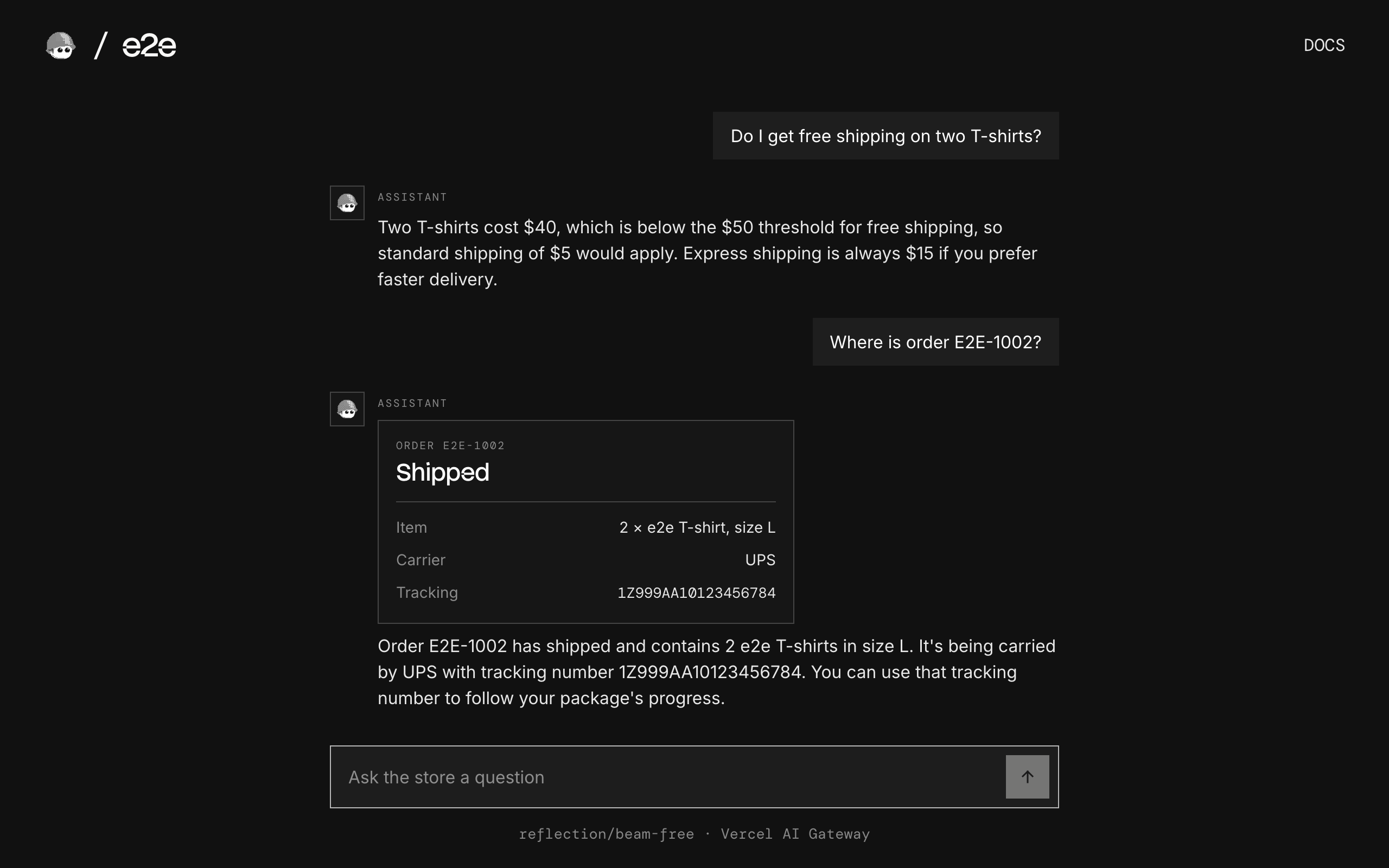 The chat answering a shipping question and showing a card for order E2E-1002