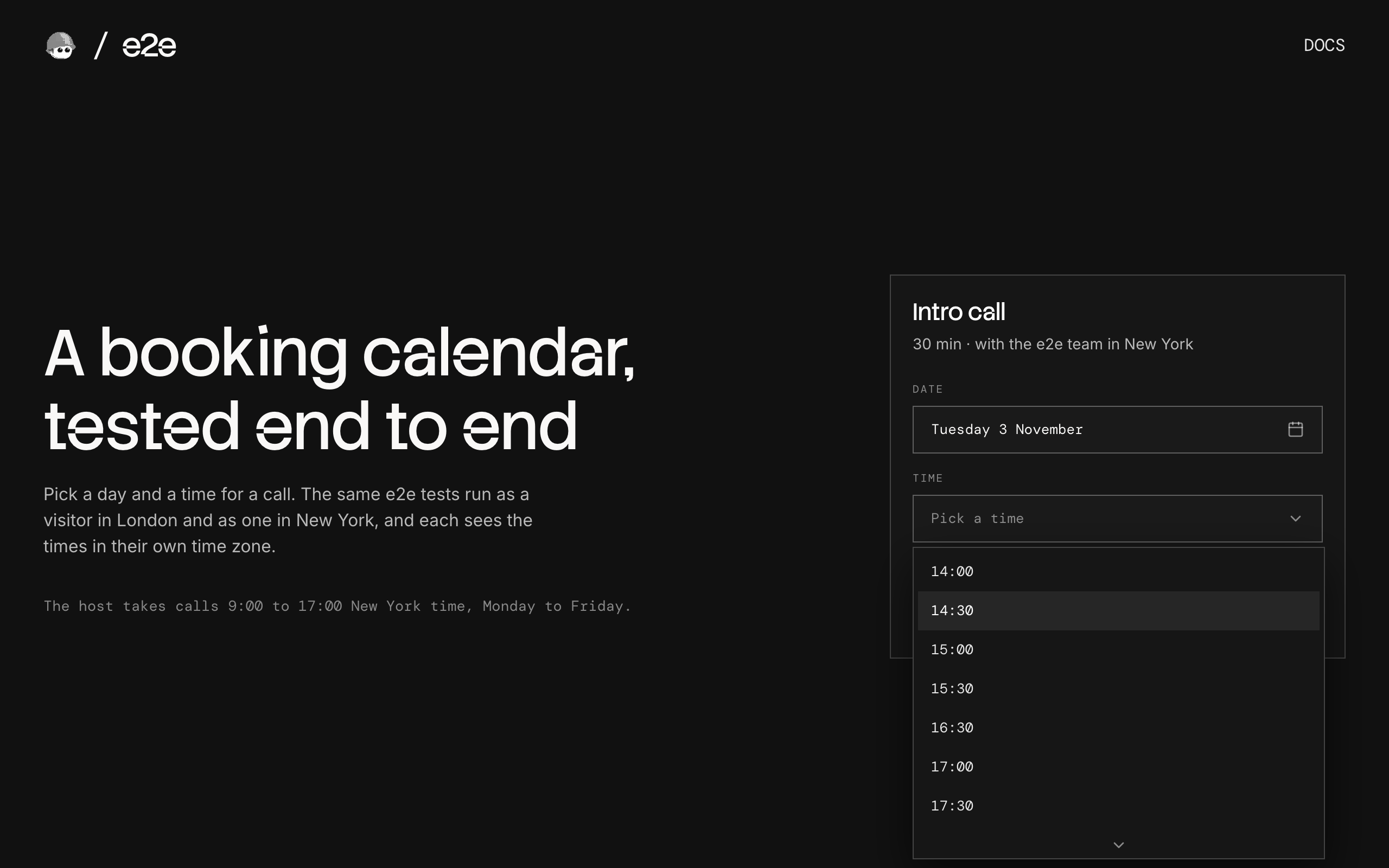 Booking card with next Tuesday's free times in London time