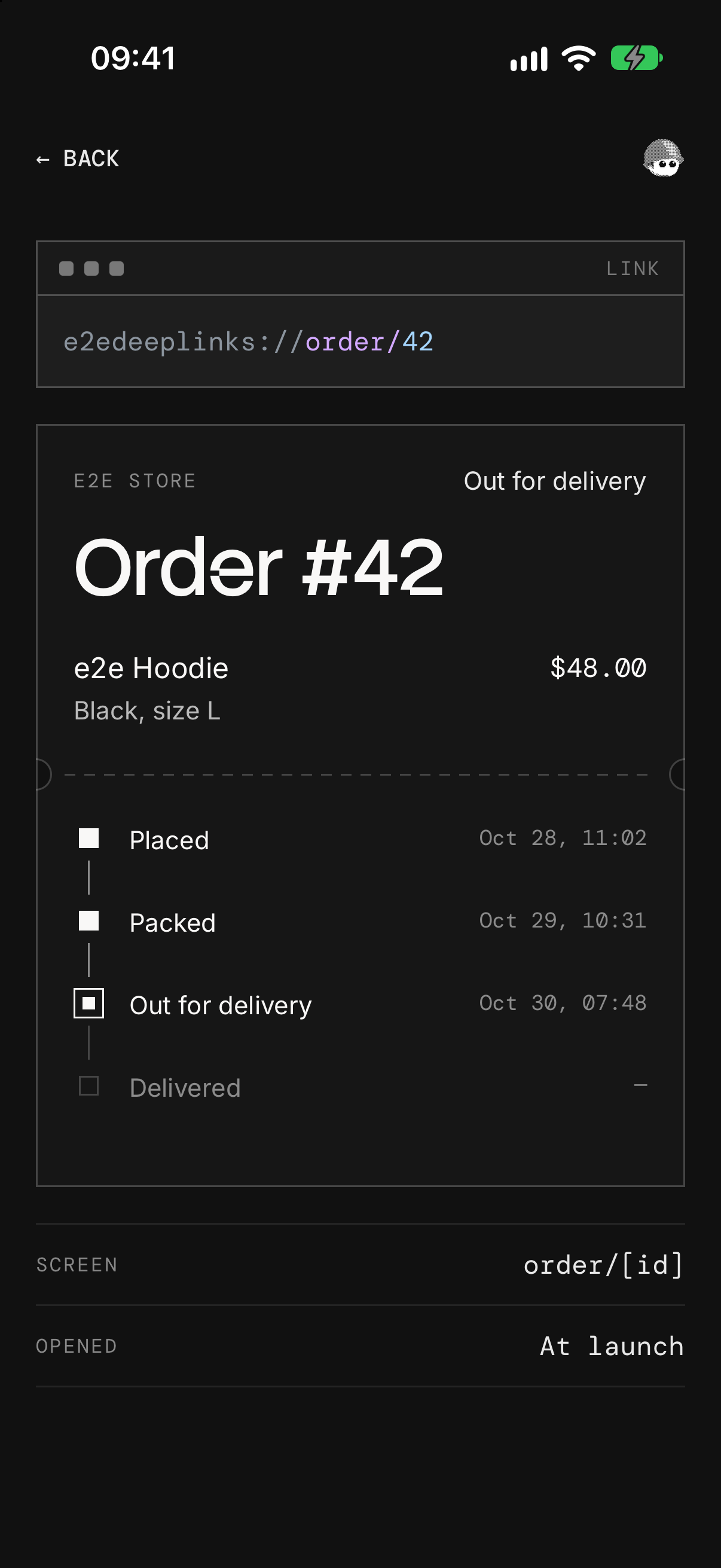 Order #42 opened from a link: the link at the top, the order as a shipping label with its tracking line, and Opened: At launch