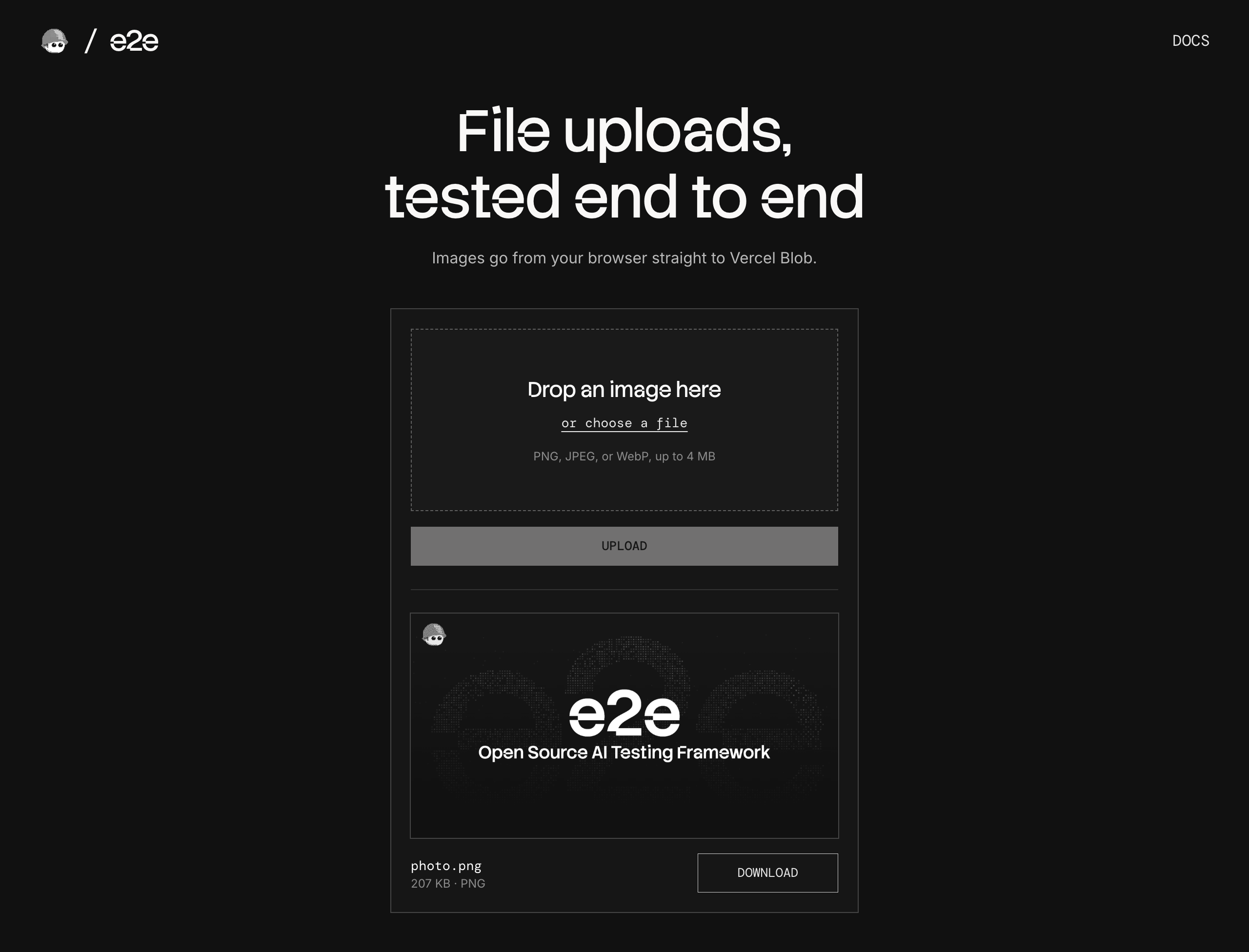 Upload panel with a dropzone, and an uploaded photo's preview, name, size, and Download button