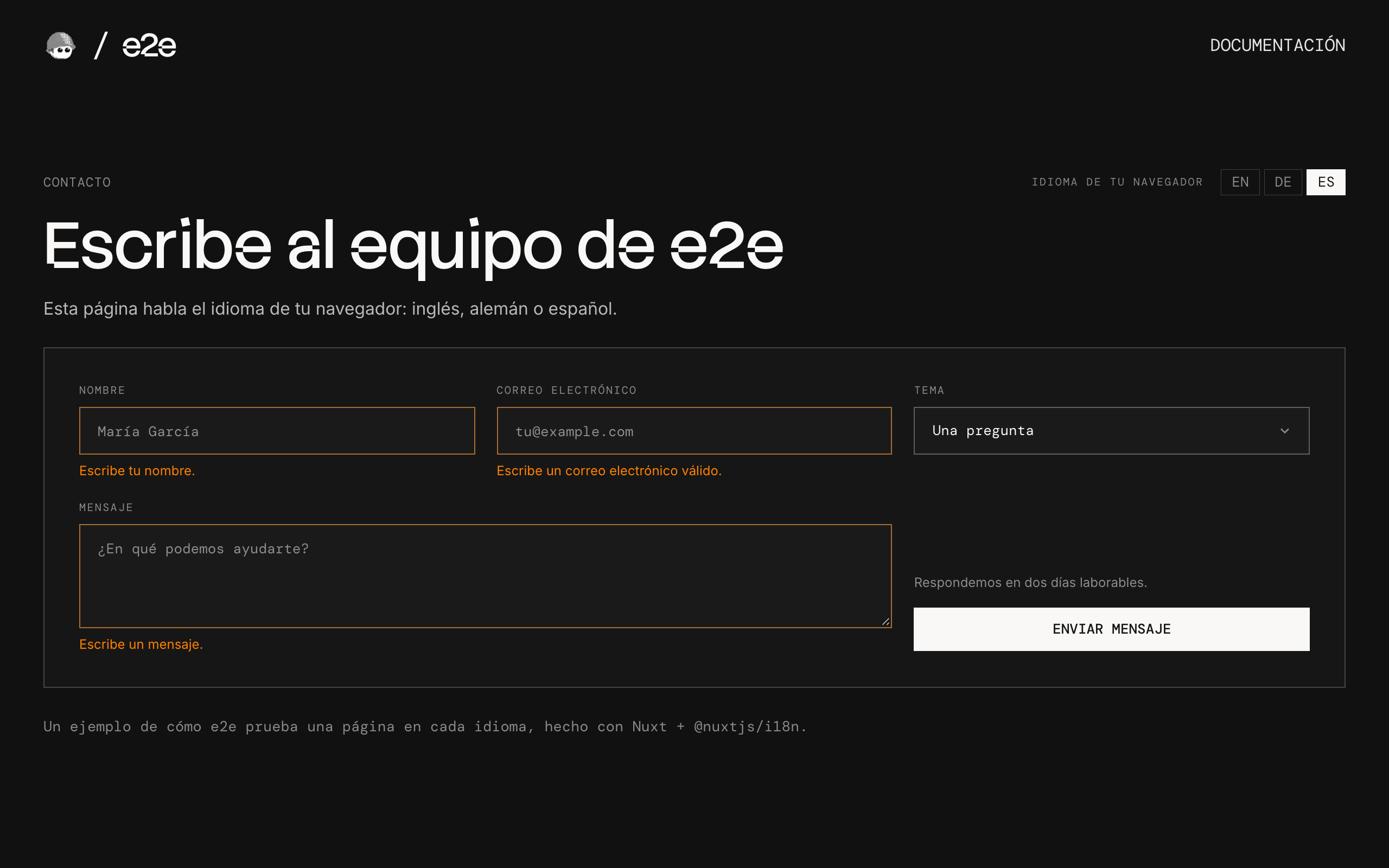 The contact form in Spanish, with its error messages
