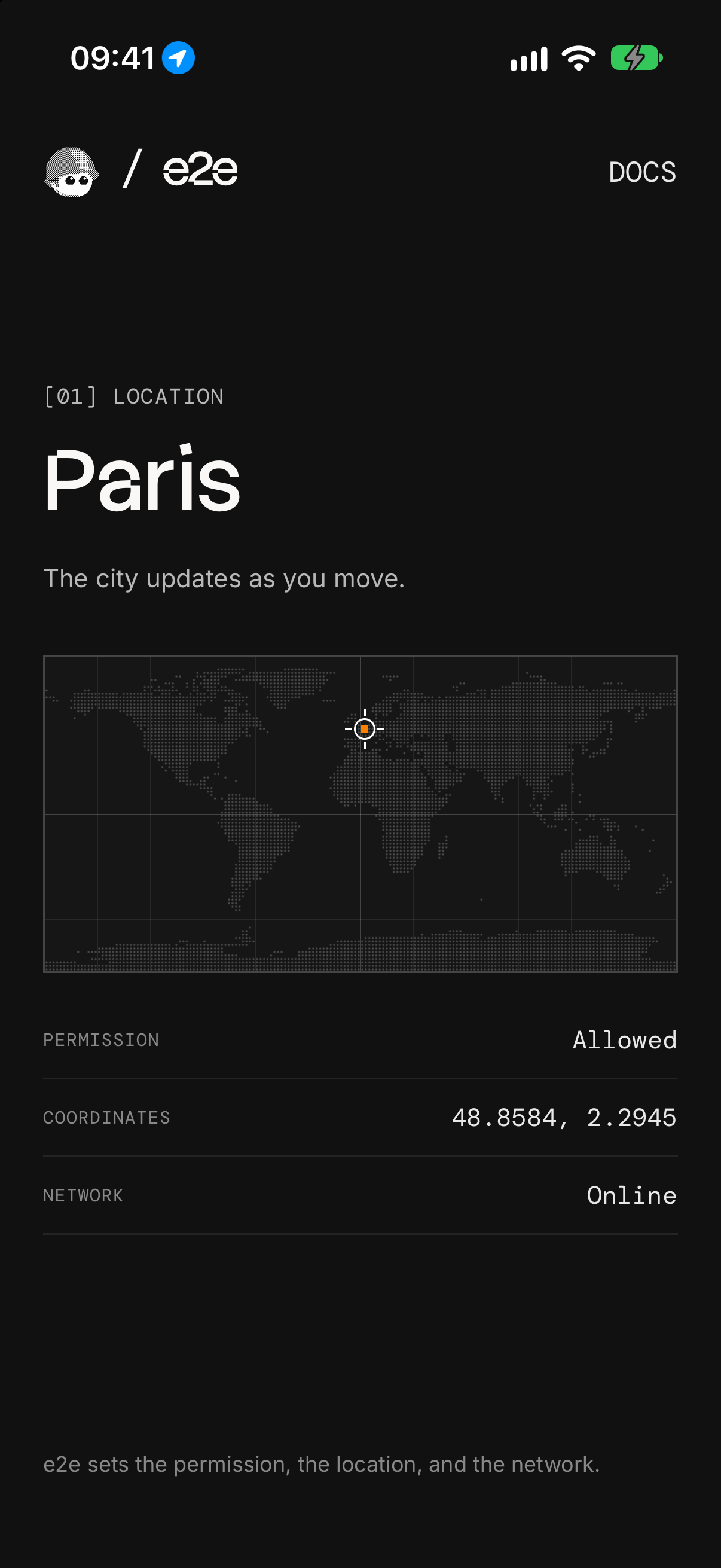The app showing Paris, a dotted world map with a crosshair over Paris, and the permission, coordinates, and network