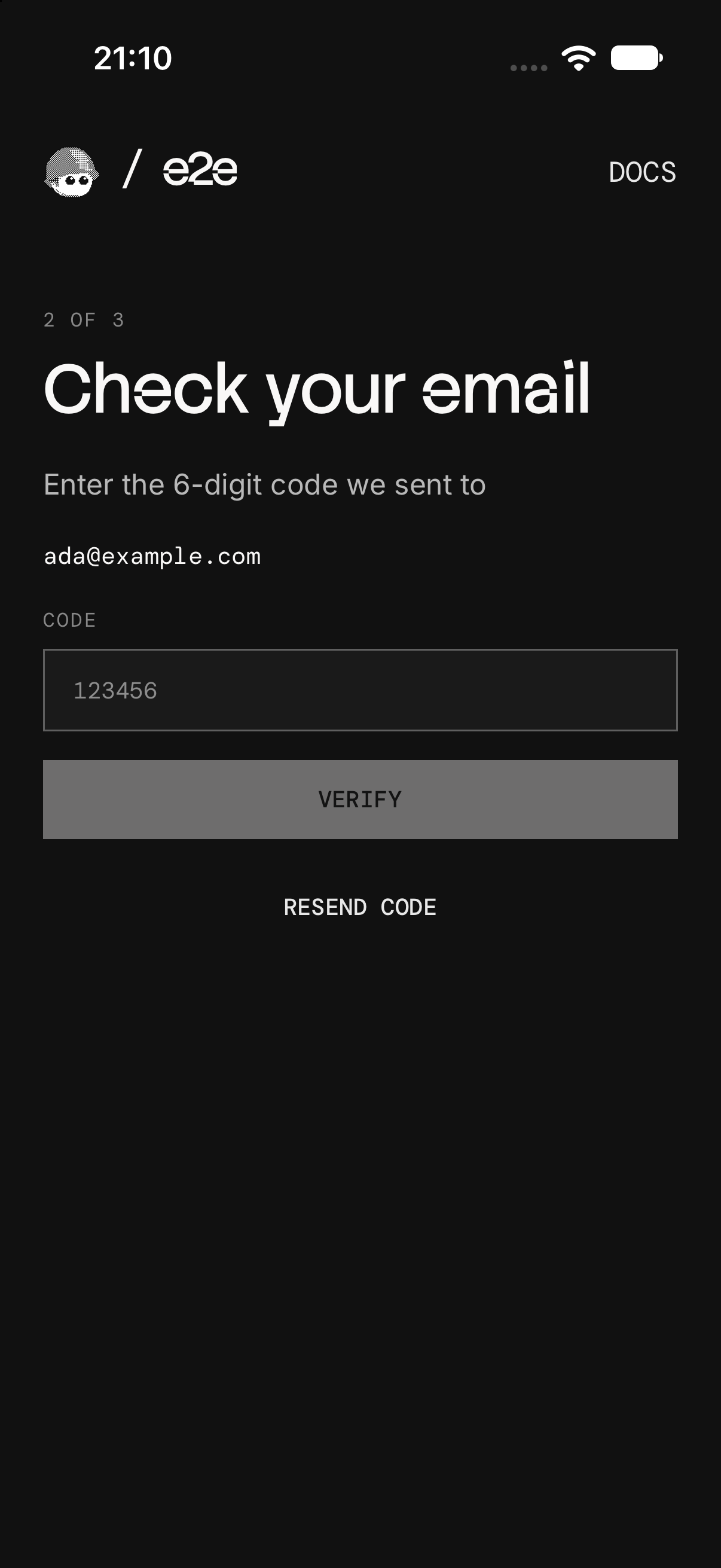 The code step: Check your email, a code field, Verify, and Resend code