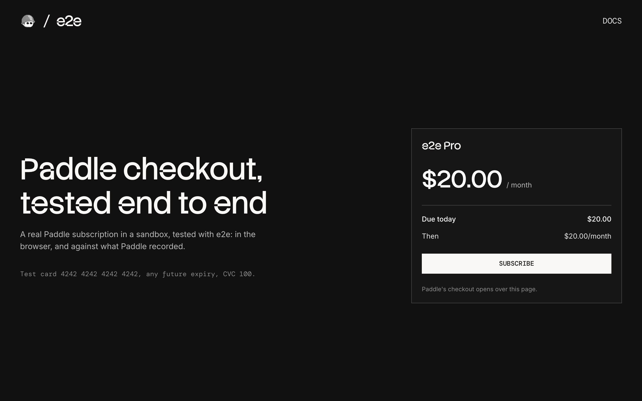 Checkout page with the e2e Pro plan and a Subscribe button