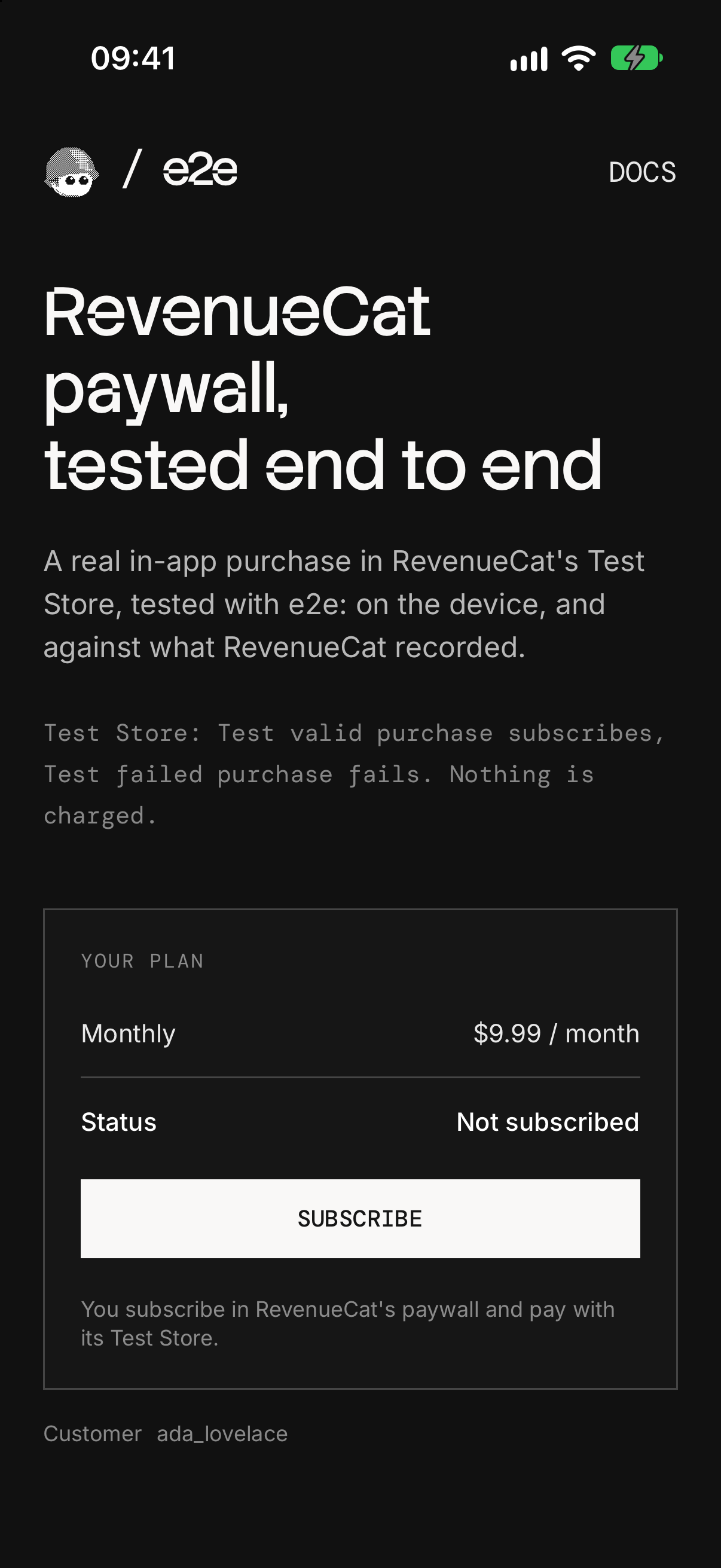 The app's screen with the monthly plan at $9.99 and a Subscribe button