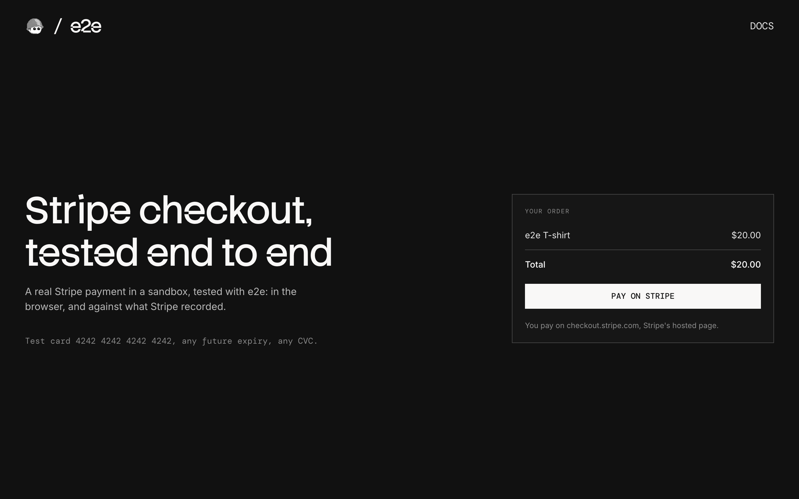 Checkout page with the order and a Pay on Stripe button