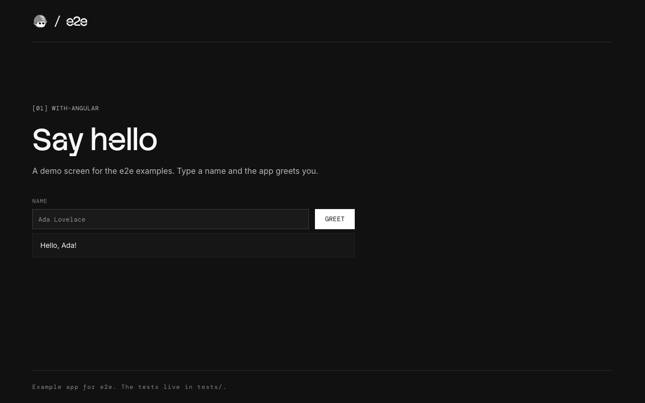 Angular example app with the greeting "Hello, Ada!"