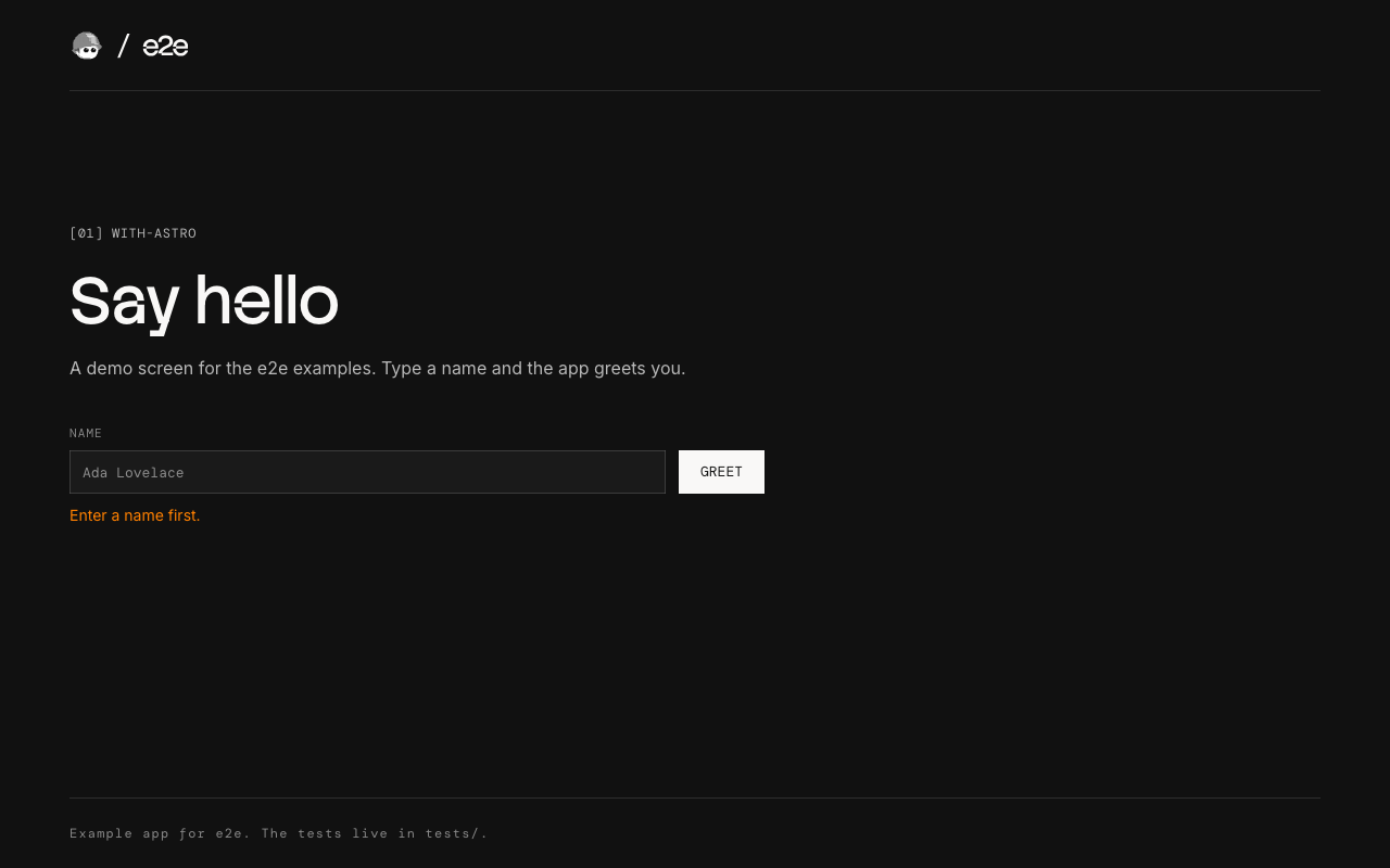 Astro example app asking for a name after Greet is pressed with an empty field
