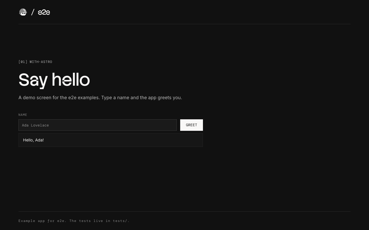 Astro example app with the greeting "Hello, Ada!"