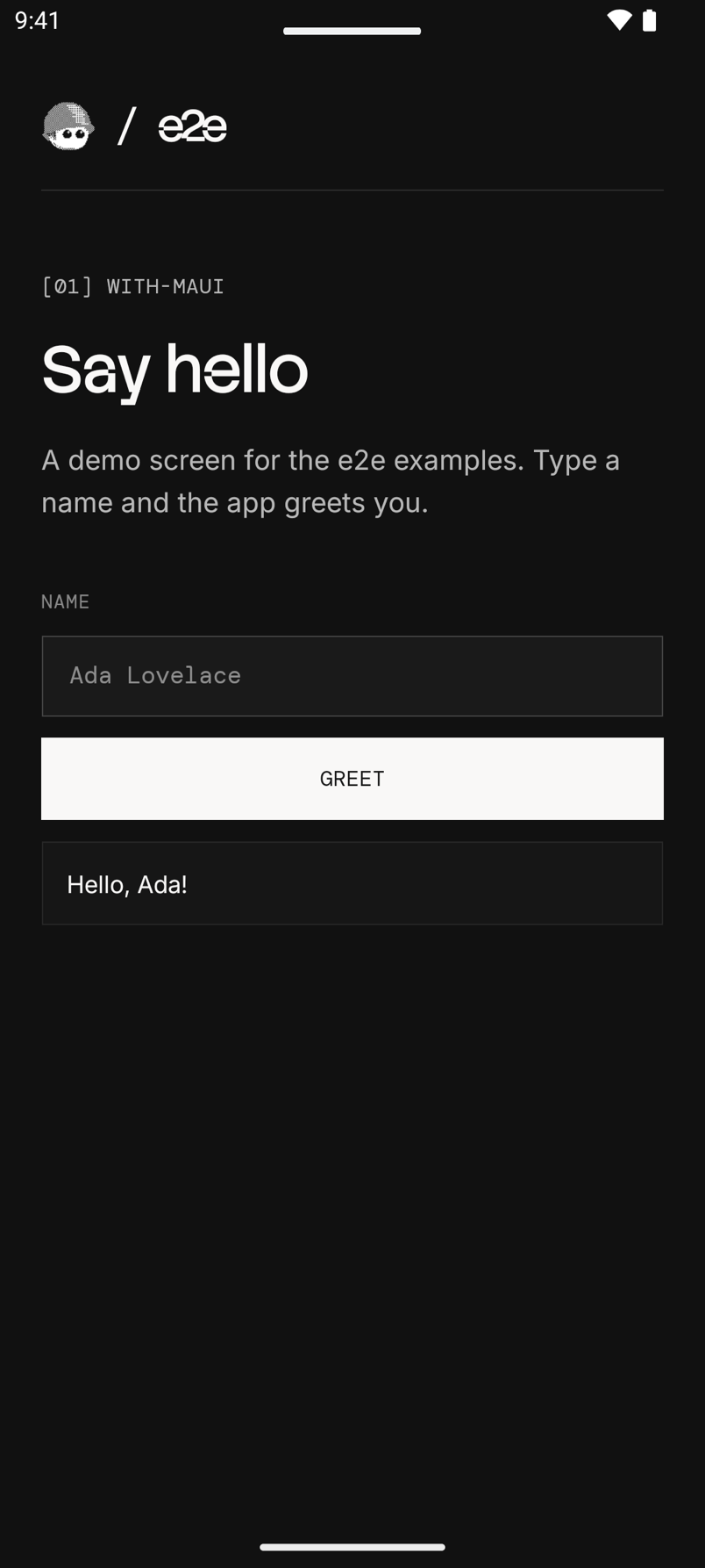 .NET MAUI app on Android with the greeting Hello, Ada!