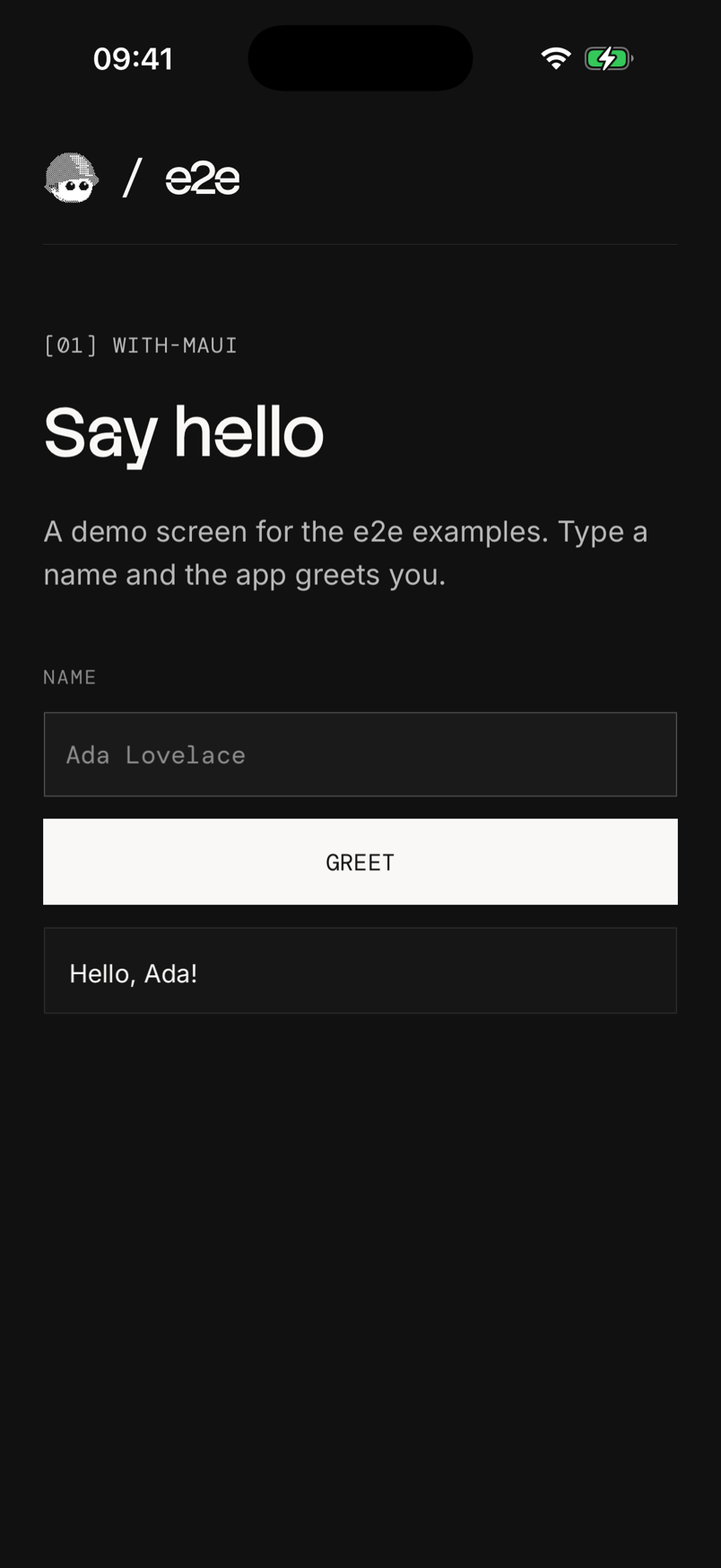 .NET MAUI app on iOS with the greeting Hello, Ada!
