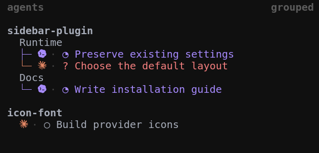 The same agents grouped into Runtime and Docs tabs, with readable task labels and provider icons