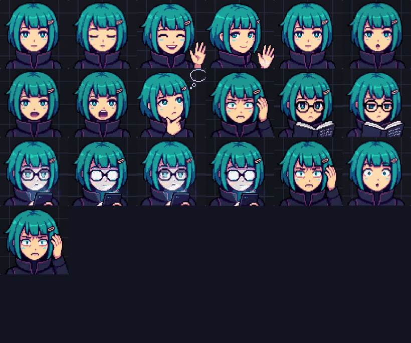 The reference sheet: 19 poses of the default character and 11 empty cells