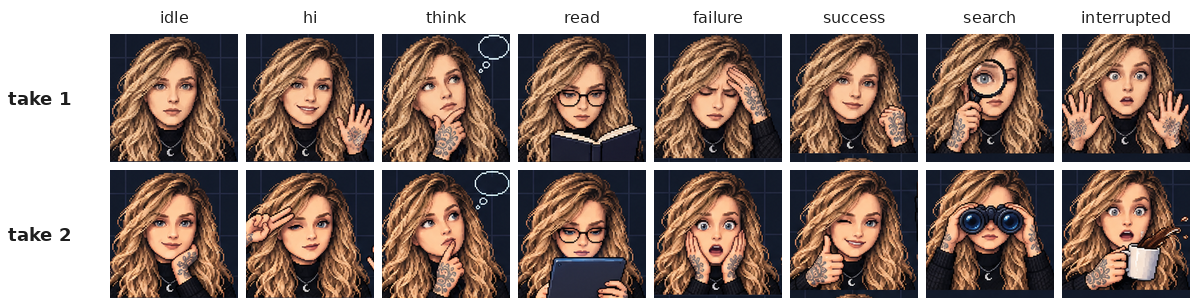 oana's first and second take for eight states: same face, different poses
