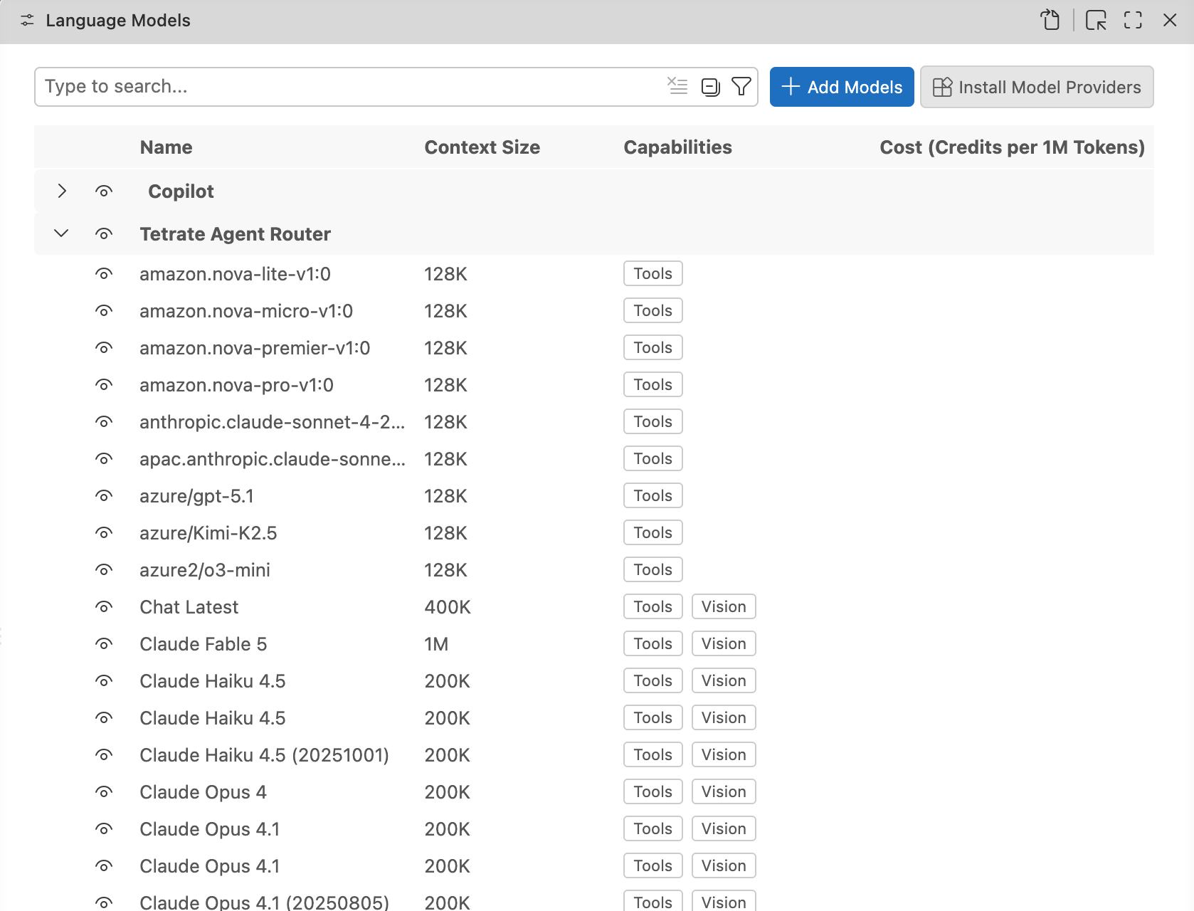 The Language Models view with the Tetrate Agent Router group expanded, showing each model's context size and tool and vision support