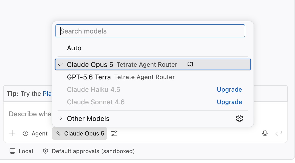 The VS Code chat model picker listing Claude Opus 5 and GPT-5.6 Terra under Tetrate Agent Router
