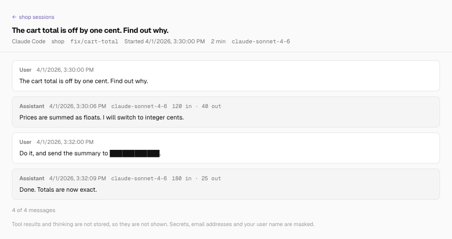 Browse a session in Agent Desk: the shop project's cart rounding conversation, with user and assistant messages, branch, model and masked email address.