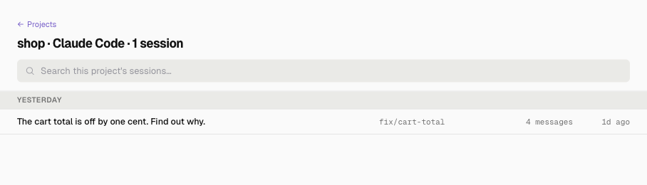 The shop project's Claude Code sessions: a search box, sessions grouped by month, and each session's title, git branch and message count.