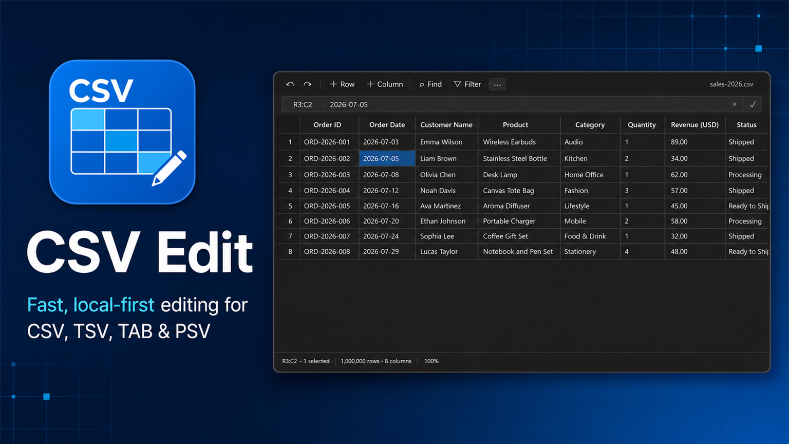 CSV Edit — fast, local-first editing for CSV, TSV, TAB and PSV