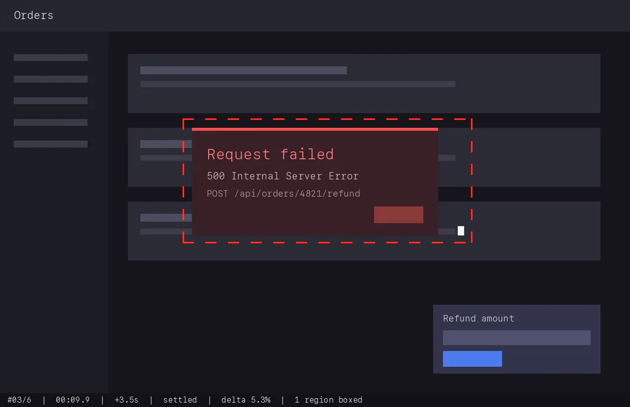 An annotated frame: red dashed box around the error dialog, timestamp bar