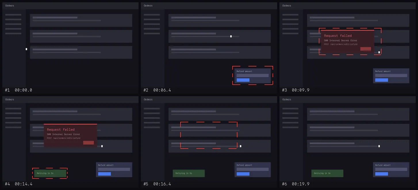 A 20-second recording condensed to six annotated frames