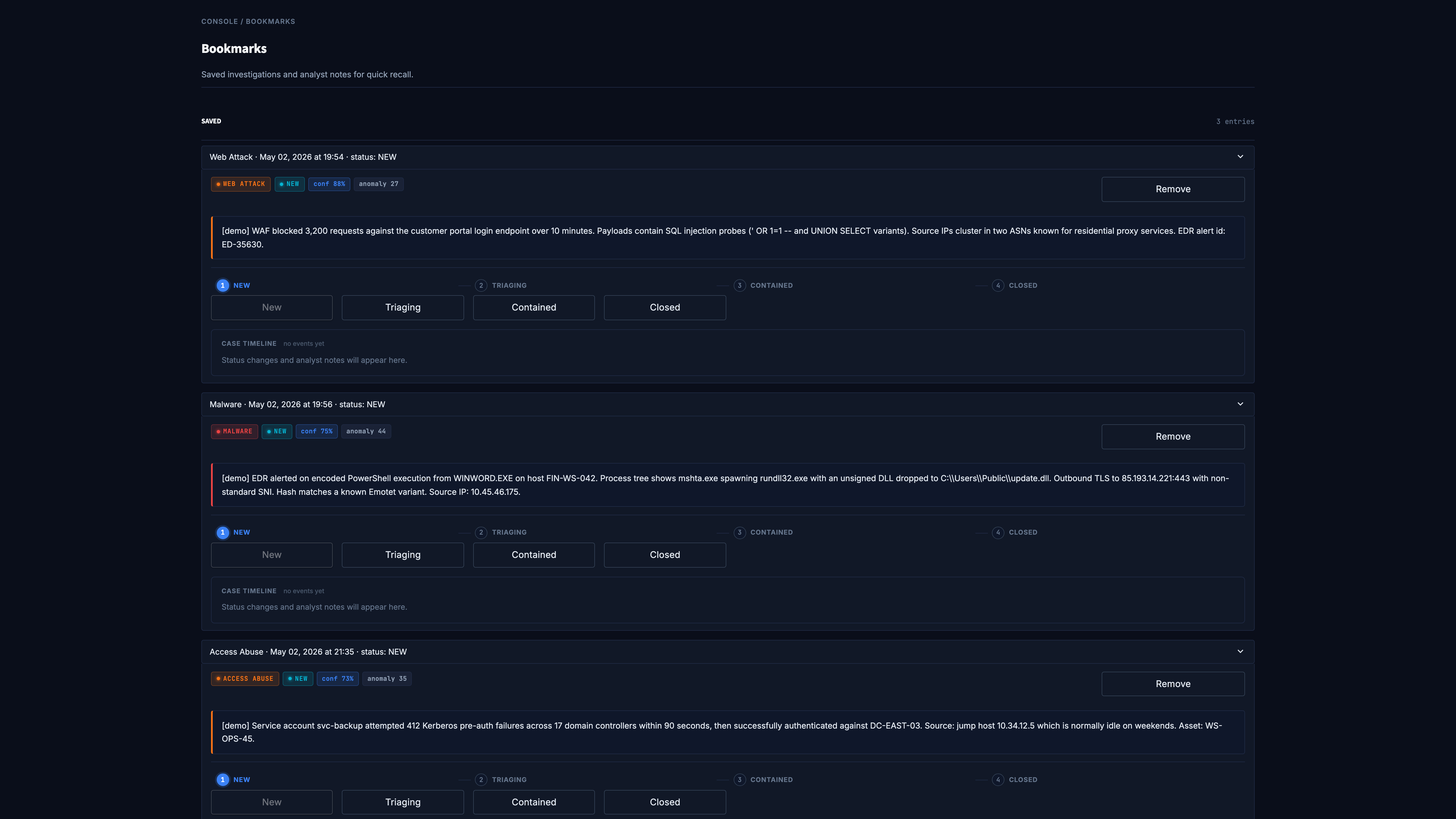 AlertSage Bookmarks page with demo cases and the New, Triaging, Contained, Closed case status stepper