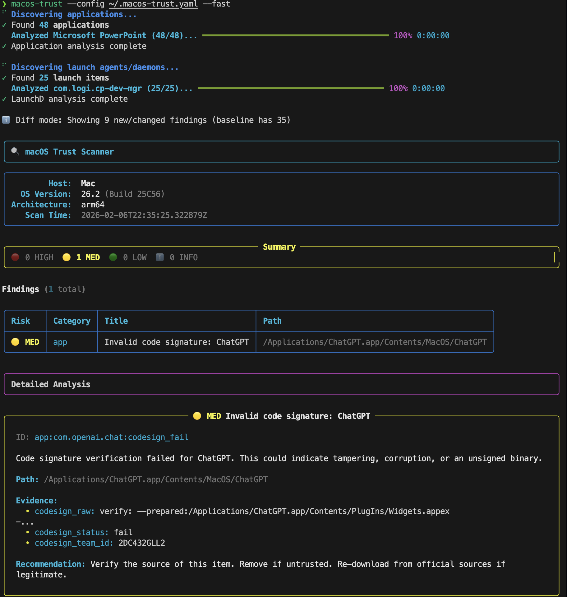 macos-trust scan in baseline mode flagging an invalid code signature
