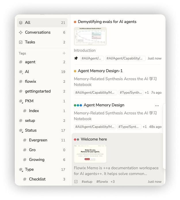 Flowix navigation for notes, conversations, tasks, and tags