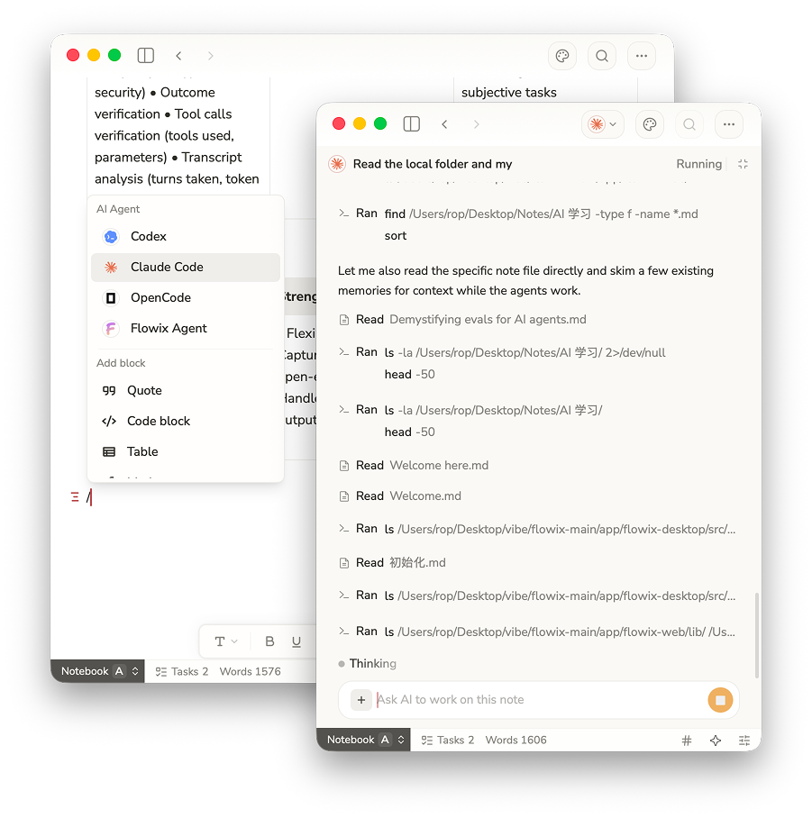 Flowix connecting Codex, Claude Code, OpenCode, Hermes, and Flowix Agent to the same note