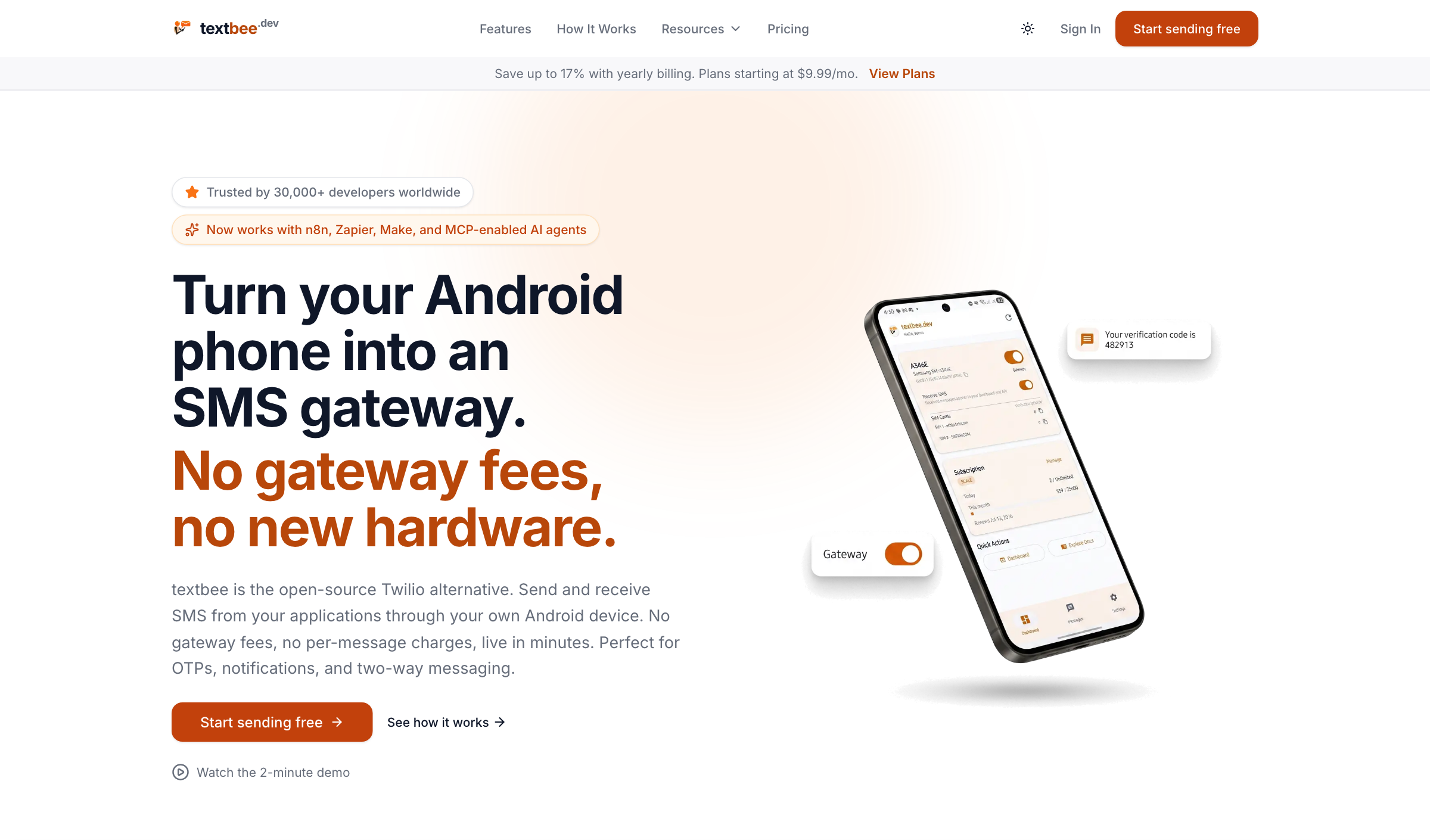 textbee.dev landing page