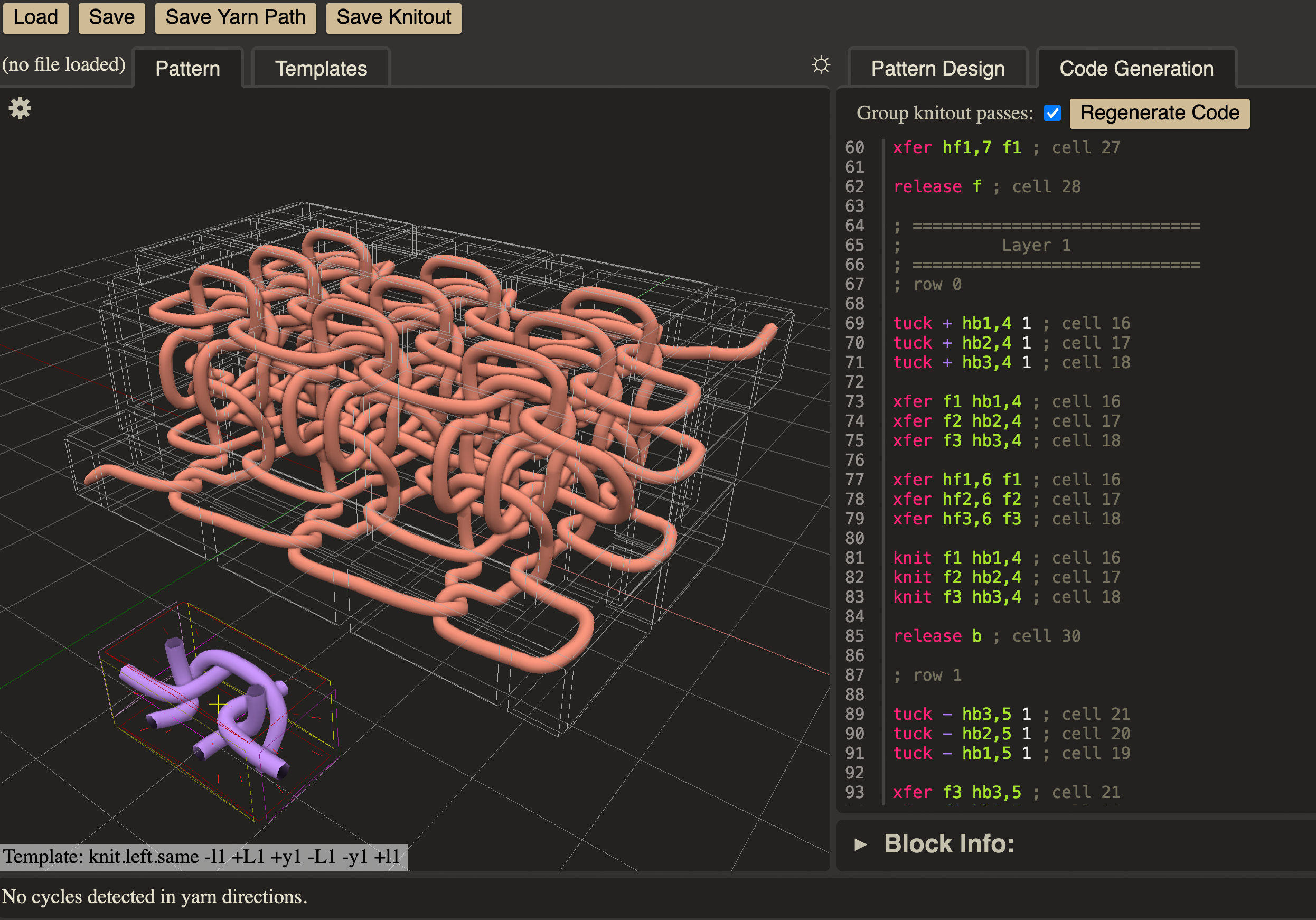 Screenshot of tool UI, displaying a pattern and some of the generated code for a 3x3x3 solid knit cube