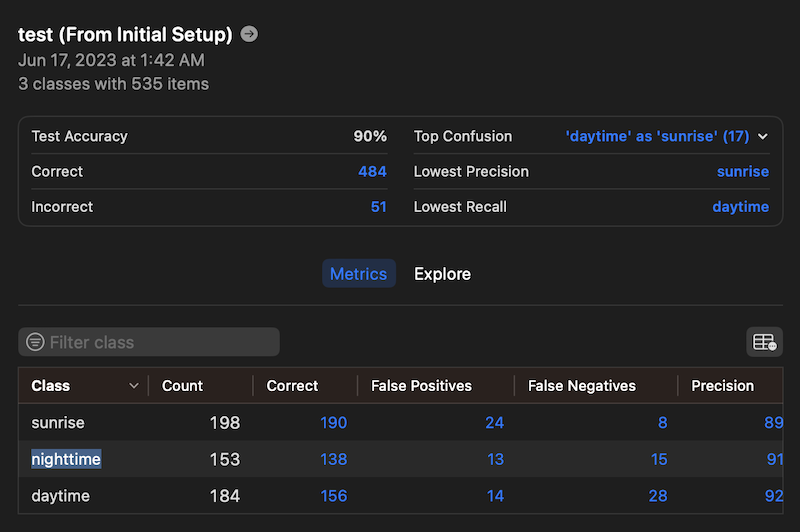Screenshot of Create ML evaluation metrics