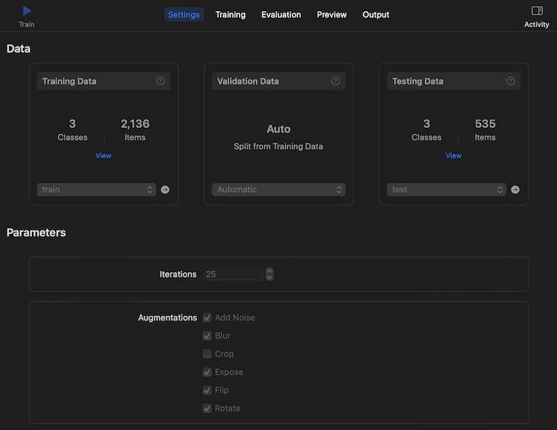 Screenshot of Create ML settings