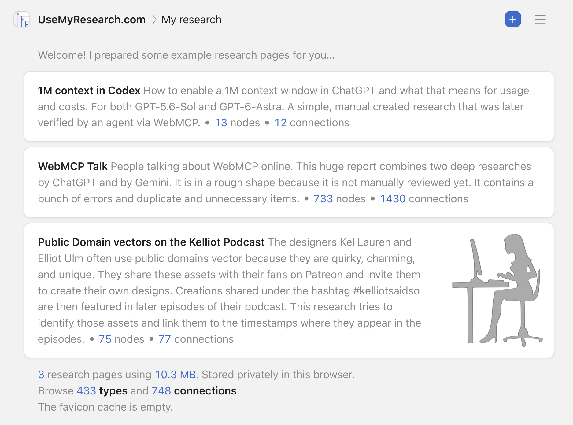 Three example research pages