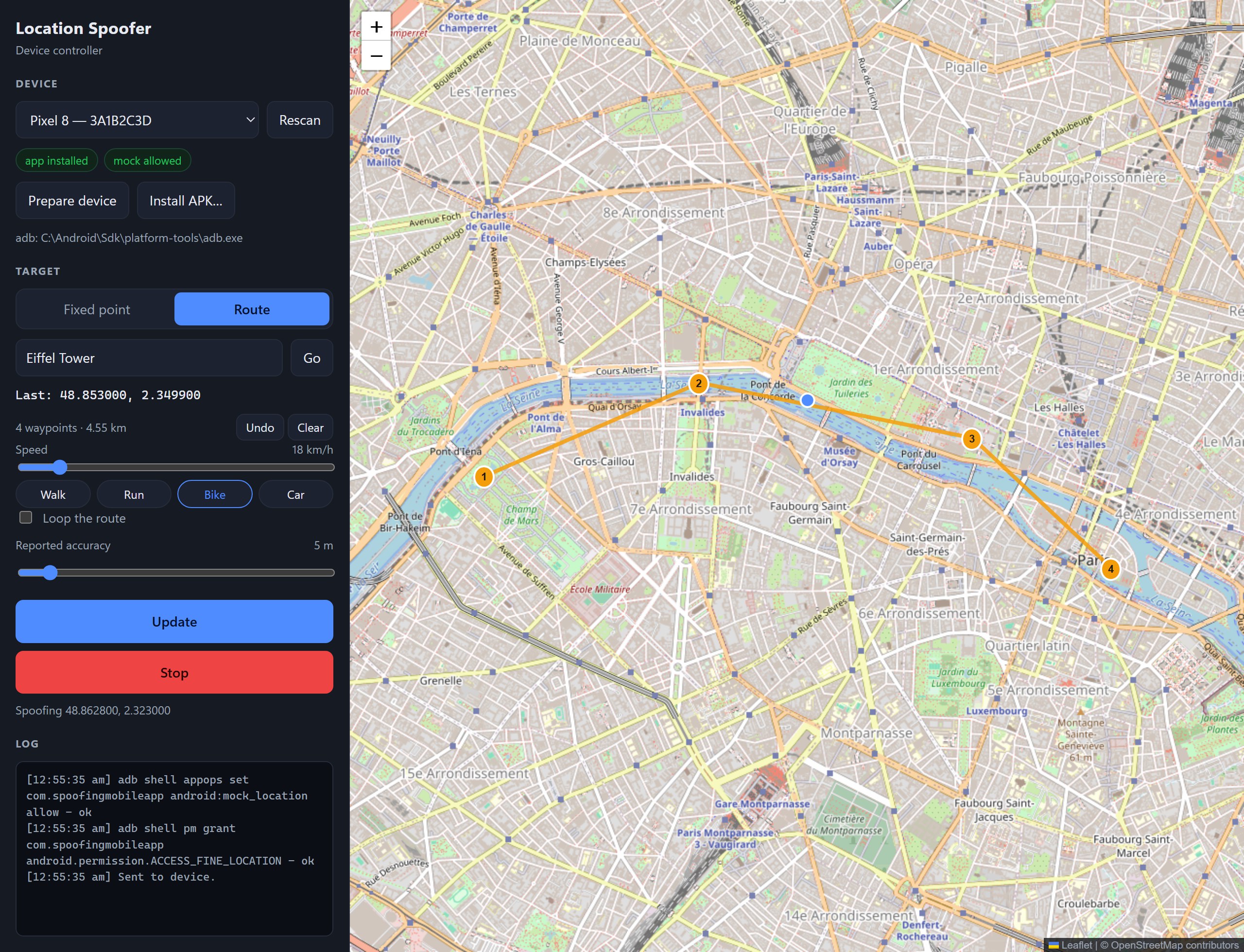 The Windows controller simulating a bike route through Paris on a connected Android phone