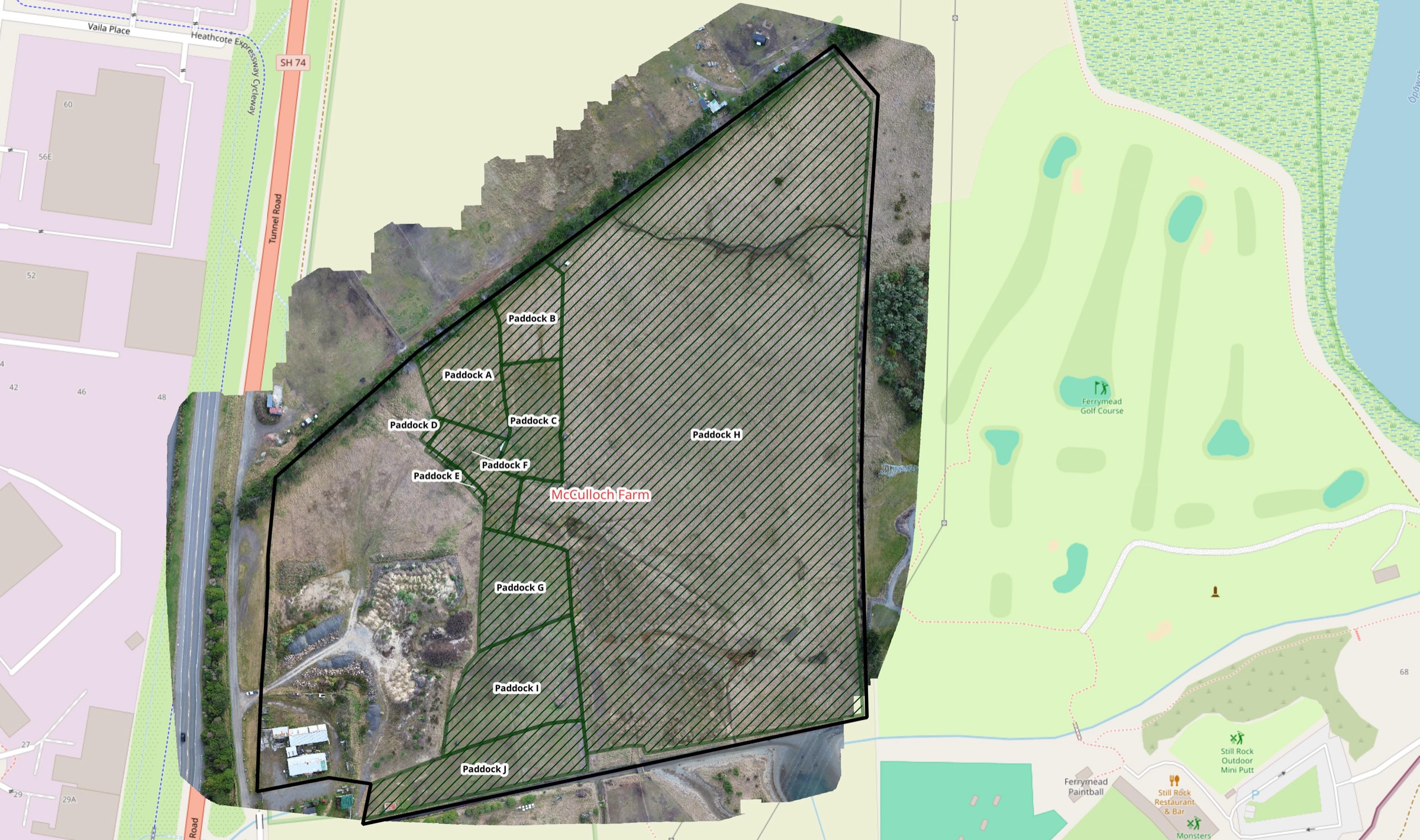 Scruttons Road farm orthomosaic with mapped paddock boundaries